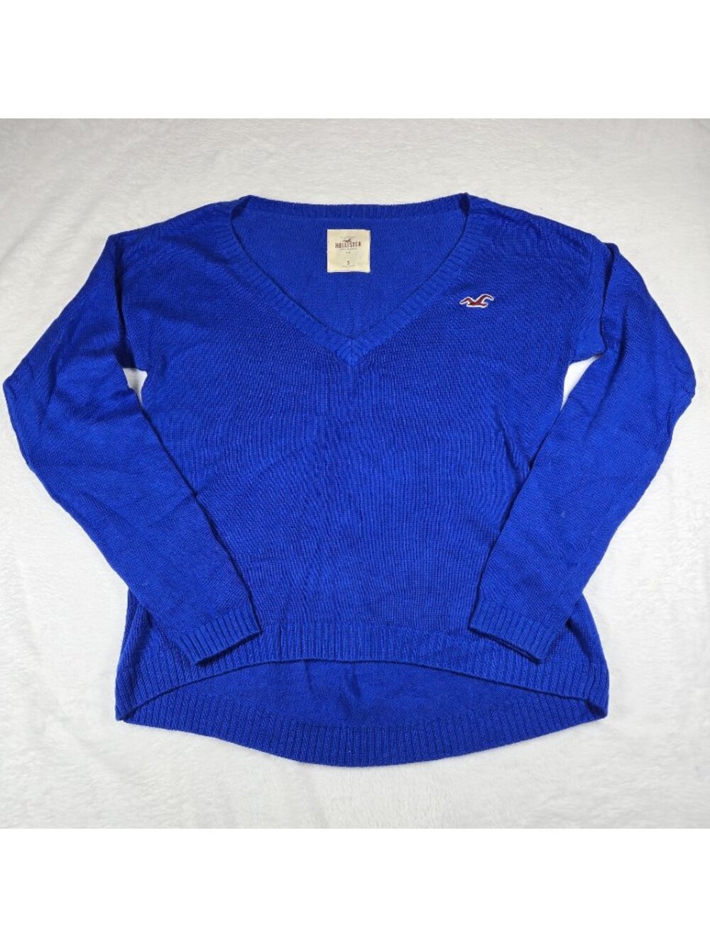 Vintage 90s Hollister V-Neck Sweater Asymmetrical Bottom Hem Royal Blue Size S